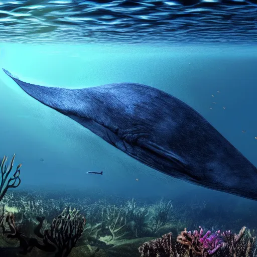 Image similar to blue whale being eaten by a cyclops underwater blue glow seaweed tiny fish wide angle unreal engine