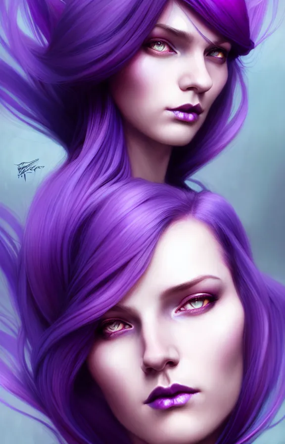 Image similar to Purple hair relistic Portrait of a woman with bright colored hair, all shades of purple. Hair coloring, long hair, blue eyes, fantasy, intricate, elegant, highly detailed, digital painting, artstation, concept art, smooth, sharp focus, illustration, art by artgerm and greg rutkowski and alphonse mucha