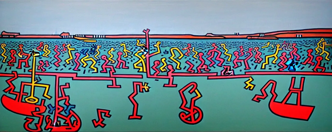 Image similar to a painting of the harbour at Stromness orkney, by Keith Haring