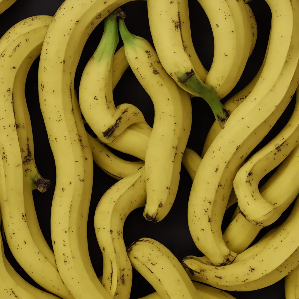 Image similar to circular loop fractal bananas that grow like a banana coral, banana stems, roots. closeup, hyper real, food photography, high quality