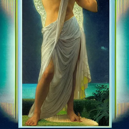 Image similar to The chalice of the angels, refracted sparkles, thunderstorm, greek pool, beach and Tropical vegetation on the background major arcana sky, by paul delaroche, alphonse mucha and arnold böcklin, hyperrealistic 8k, award-winning, very very very detailed