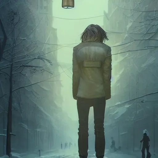 Image similar to by alexander trufanov by artgerm by simon stalenhag young man from back pacing lowering head dressed in short leather bomber jacket to empty narrow alley with street lamps in park with pines to the horizon,, with hands in pockets, snowfall at night, mullet long haircut, black hairs, cinematic, dramatic, detailed, realistic, movie shot, low lighting