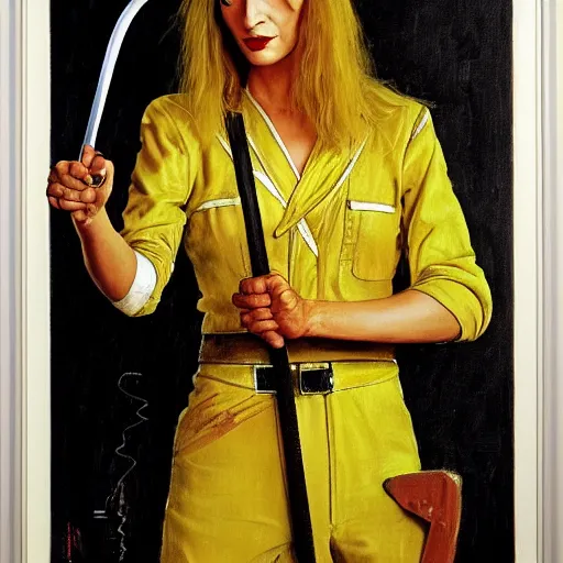 Image similar to a portrait painting of Uma Thurman in kill bill. Painted by Norman Rockwell