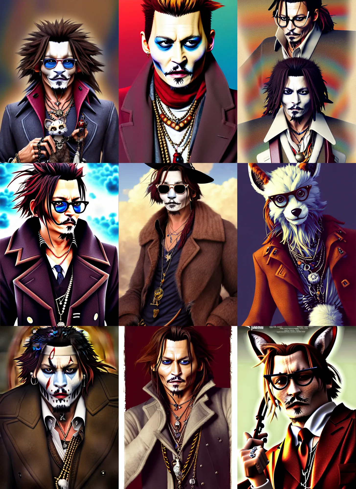 Prompt: full body character furry fursona portrait of johnny depp with gorgeous detailed eyes in the marketplace in the sky, color page, tankoban, 4 k, tone mapping, doll, akihiko yoshida, james jean andrei riabovitchev marc simonetti, yoshitaka amano, h. hydrochaeris