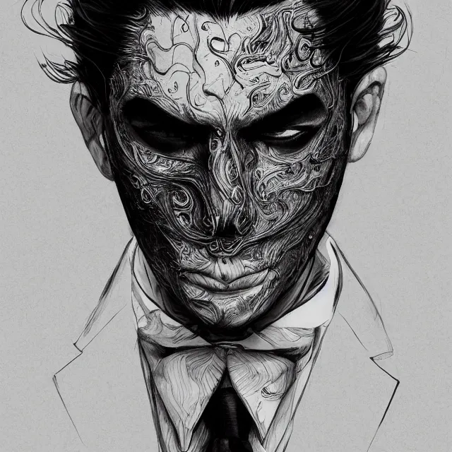 Prompt: man with black mask wearing suit and tie, an absurdly beautiful, elegant, young hypercolorful sensual gravure idol, ultrafine hyperrealistic detailed face illustration by kim jung gi, irakli nadar, intricate linework, sharp focus, bright colors, matte, octopath traveler, final fantasy, unreal engine highly rendered, global illumination, radiant light, intricate environment