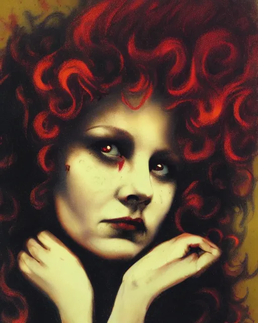 Image similar to a handsome but creepy, sinister, smiling young woman, with haunted eyes and curly hair, wearing punk clothing, 1 9 7 0 s, seventies, wallpaper, a little blood, moonlight showing injuries, delicate embellishments, painterly, offset printing technique, by brom, robert henri, walter popp