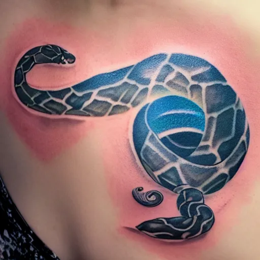 Prompt: a woman with a tattoo of a snake sitting on the moon gazing at the milkyway, volumetric light, ray tracing,