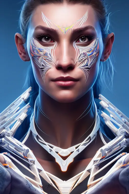 Image similar to symmetry!! portrait of amazing body fitness instructor in the style of horizon zero dawn, machine parts embedded into face, intricate, elegant, highly detailed, digital painting, artstation, concept art, smooth, sharp focus, illustration, art by artgerm and greg rutkowski and alphonse mucha, 8 k