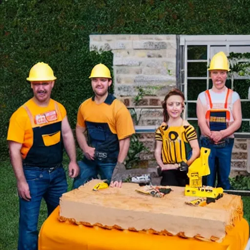 Image similar to a dewalt themed birthday party with everyone dressed as construction workers, 4k, realism, photorealistic, detailed, dewalt, power drills