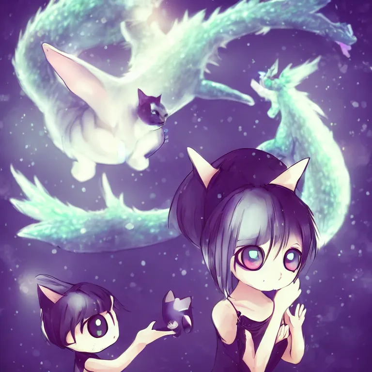 Image similar to cute, full body, female, anime style, a cat girl patting a small dragon, large eyes, beautiful lighting, sharp focus, simple background, creative, heart effects, filters applied, illustration