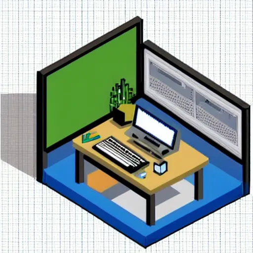 Prompt: isometric pixelated computer lab