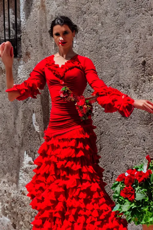 Image similar to spanish flamenco dancer in mallorca wearing a red dress made of flowers, photo realistic, extreme detail skin, natural beauty, no filter, slr, golden hour, 4 k, high definition, selfie