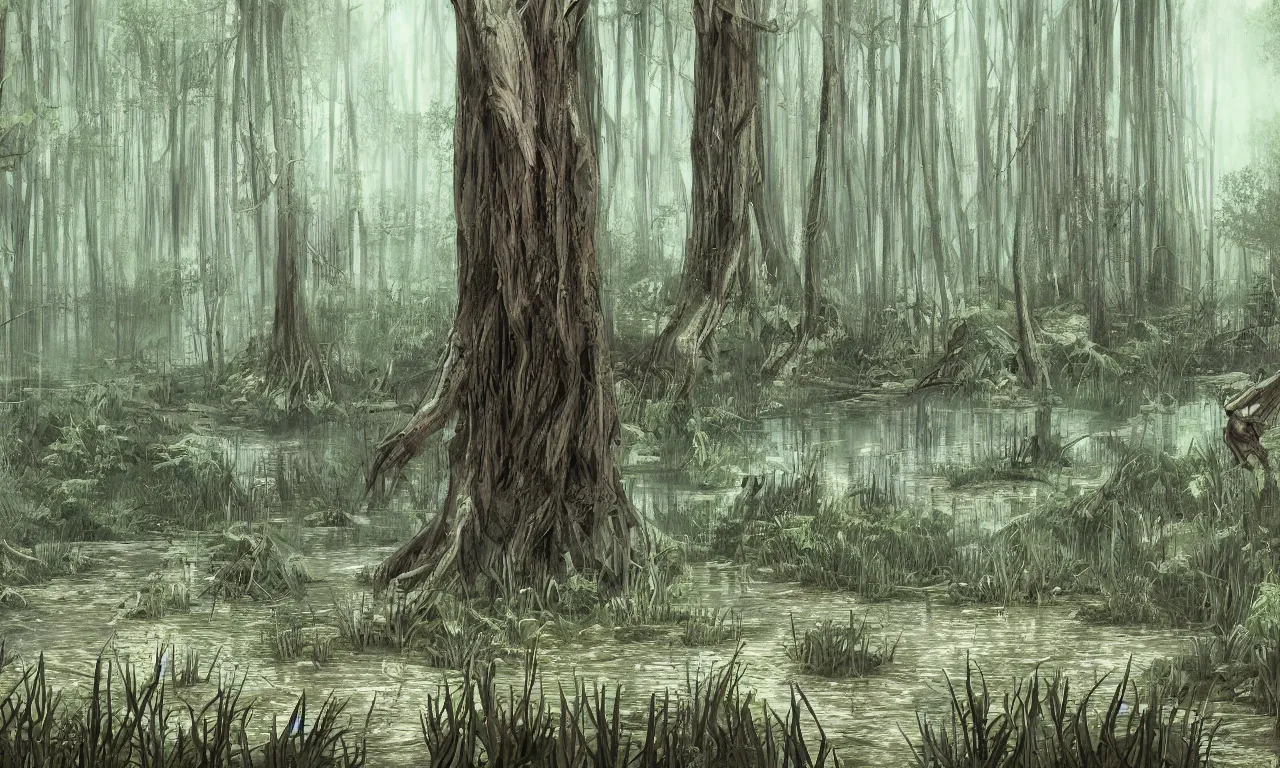 Image similar to palisade standing in a swamp, digital art, illustration, fantasy