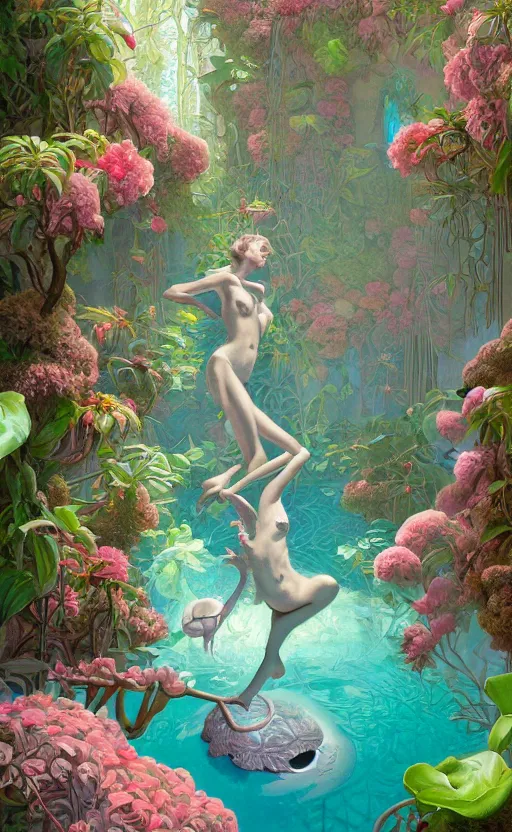 Prompt: a secret garden with a big pool, very coherent, painted by gil elvgren, wayne barlowe, painted by james gilleard, airbrush, art by james jean, surrealist art, houdini algorithmic generative art