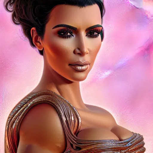 Prompt: Kim Kardashian in a dress made from spam, closeup, D&D, fantasy, intricate, elegant, highly detailed, digital painting, artstation, concept art, matte, sharp focus, illustration, art by Artgerm and Greg Rutkowski and Alphonse Mucha