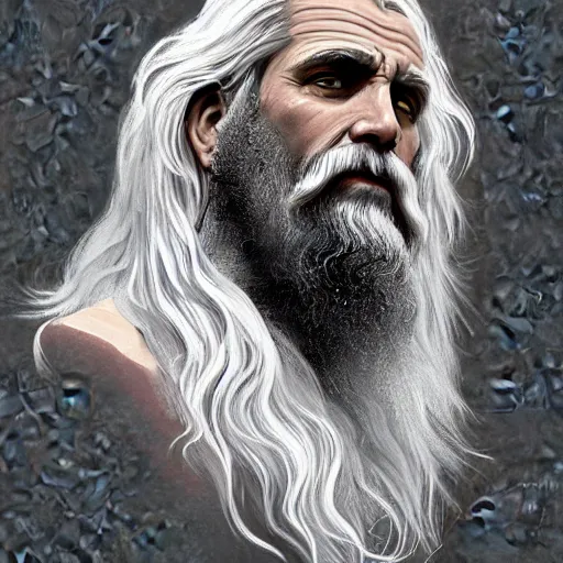 Prompt: painted portrait of rugged zeus, greek god, 4 0 years old, handsome, white hair, soft hair, upper body, muscular, hairy torso, fantasy, intricate, elegant, highly detailed, digital painting, artstation, concept art, smooth, sharp focus, illustration, art by alphonse mucha