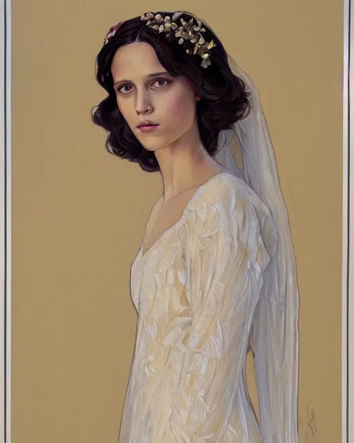 Prompt: an art nouveau painting of a girl resembling alicia vikander or millie bobby brown in a wedding dress, highly detailed, intricate, artstation, by donato giancola
