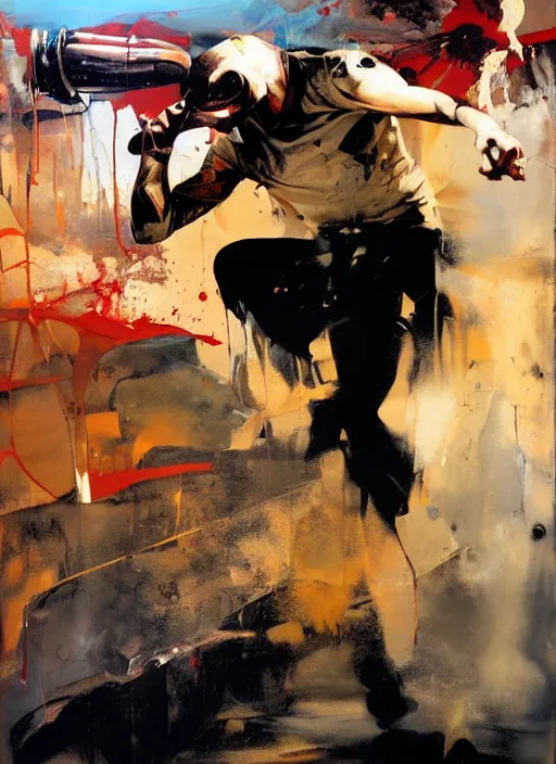Prompt: 'badlands chugs, drinking, liquid spilling, dripping painting by phil hale, 'action lines'!!!, graphic style, visible brushstrokes, motion blur, blurry