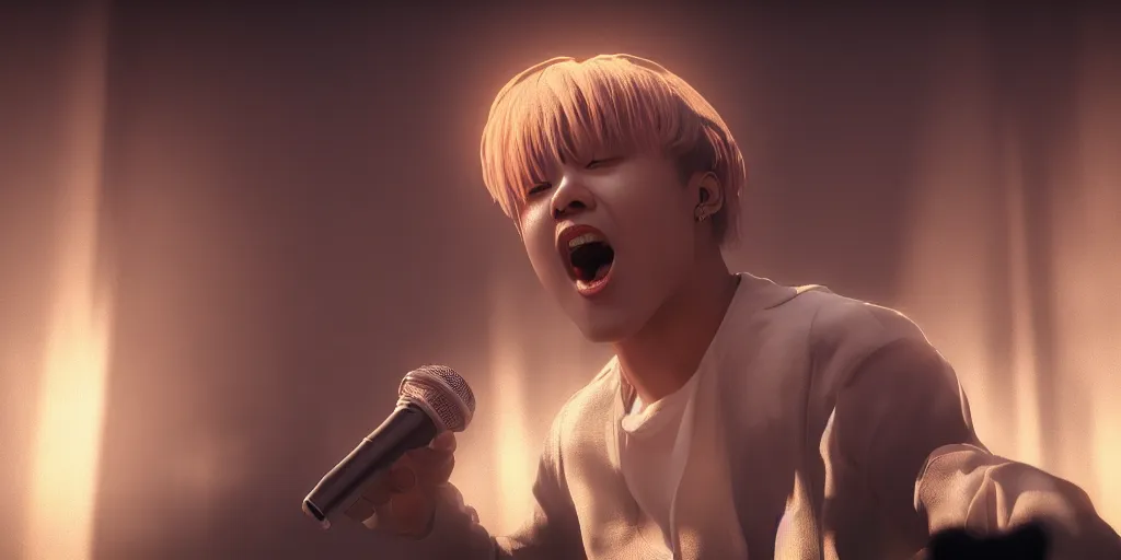 Image similar to Park Jimin singing on stage. photorealism, UHD, amazing depth, glowing, golden ratio, 3D octane cycle unreal engine 5, volumetric lighting, cinematic lighting, cgstation artstation concept art