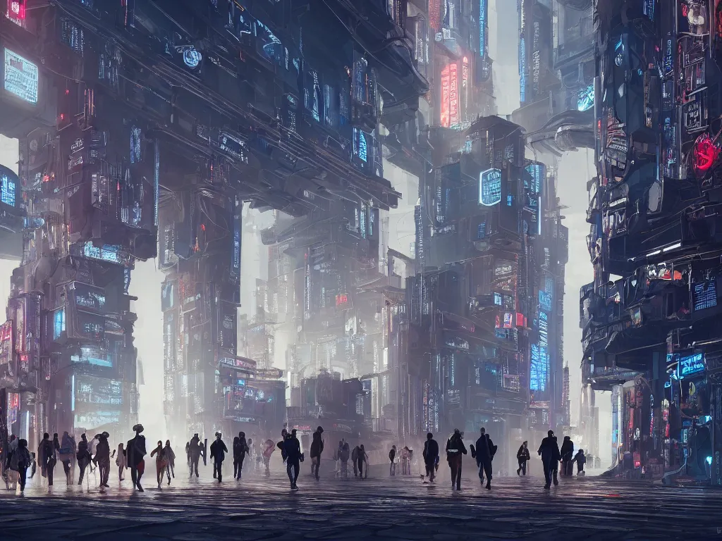 Prompt: travelers walking through the remnants of a dystopian city, classical architecture, technological lights, screens, cyberpunk ads, ancient buildings, cyberpunk style, futuristic designs, 8 k resolution, by hugh ferris and john smith, polished, fine detail, intricate, blue color scheme, cyberpunk style, smooth, octane, concept art, trending on artstation