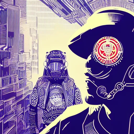 Image similar to !dream Illustrated by Shepard Fairey and H.R. Geiger | Cyberpunk Samurai with VR helmet, surrounded by cables