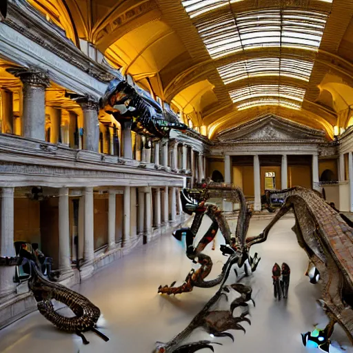 Prompt: a photo of the interior of the main hall of a museum, a dragon fossil museum, with dragon skelletons and with dragon information, 1 6 mm lens, neoclassical architecture, some kids are looking at the fossils amazed,