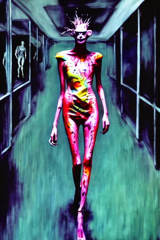 Image similar to crazy fashion catwalk, one model, crazy clothes, biopunk style, horror, clothes look like slime, hauntingly surreal, highly detailed painting by francis bacon, edward hopper, adrian ghenie, gerhard richter, and james jean soft light 4 k,