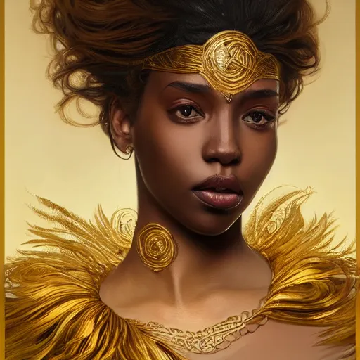 Image similar to a portrait of an attractive young Black female, beautiful long hear, clothed in golden feathers, intricate, elegant, highly detailed, digital painting, trending on artstation, concept art, smooth, sharp focus, illustration, art by artgerm and greg rutkowski and alphonse mucha