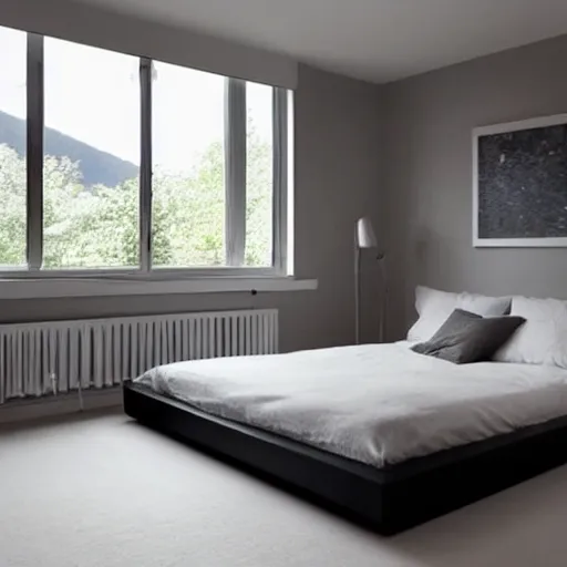 Image similar to Bedroom with Minimalistic Art on the walls, white furtniture, big windows with sunlight coming in