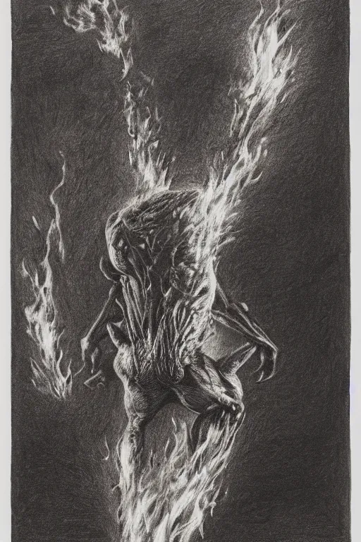 Prompt: pencil drawing of a flaming minotaur by norman ackroyd, h. r giger