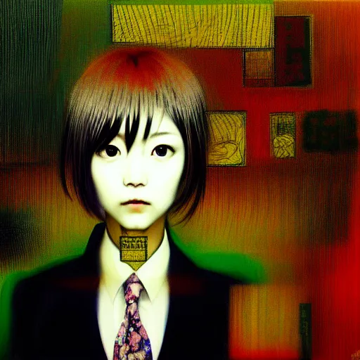 Image similar to yoshitaka amano blurred and dreamy realistic three quarter angle portrait of a young woman with short hair and black eyes wearing office suit with tie, junji ito abstract patterns in the background, satoshi kon anime, noisy film grain effect, highly detailed, renaissance oil painting, weird portrait angle, blurred lost edges