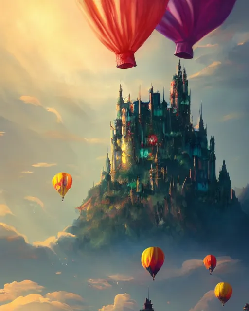 Prompt: flying cloud castle, buildings, baloons, machines, bright, blue sky, mountains, colorful, cinematic lighting, fantasy, high detail, illustration, masterpiece, artstation, 4 k, art by jana schirmer