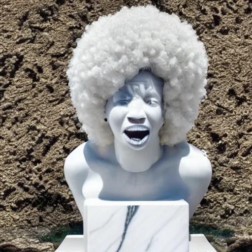 Image similar to a photorealistic all white marble sculpture of a black girl with a white afro crying