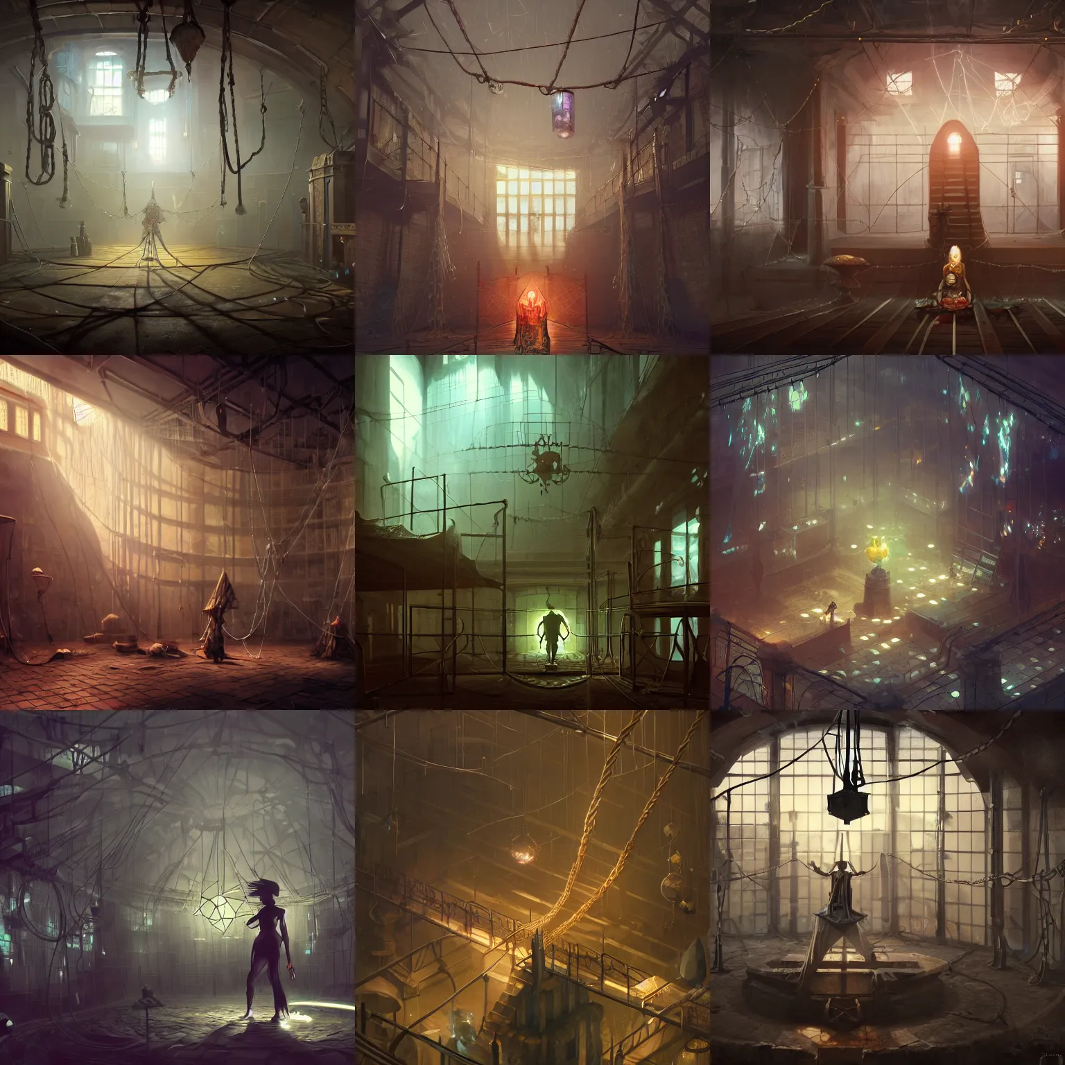 Prompt: victorian jail, ropes on ceiling, chains on ground, giant hologram polygons on center, by peter mohrbacher dan mumford craig mullins nekro, cgsociety, pixiv, volumetric light, 3 d render