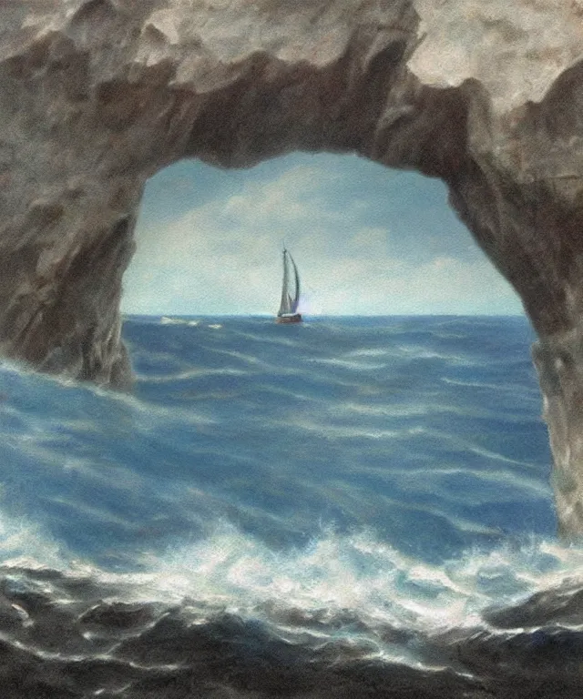 Image similar to photorealistic blue - toned painting of a 1 9 2 5 bay boat sailing near a jamaican cliff with the mouth of a sea cave at the waterline, dark, brooding, atmospheric, lovecraft, horror, smooth, epic, highly detailed, cinematic