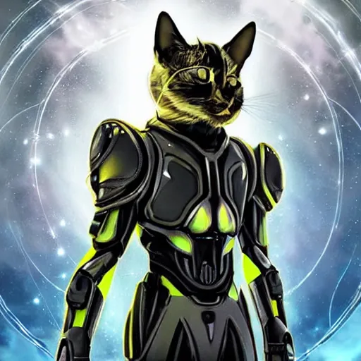 Image similar to humanoid with cat-like features in futuristic space armor with force fields, yellow eyes, teeth that protrude past the lower lip and fine grayish fur on their faces and backs of their hands and carrying weapons, octane,