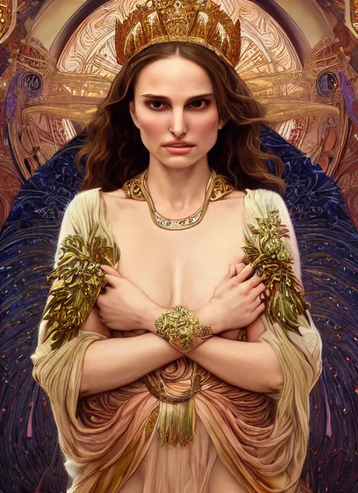 Image similar to Natalie Portman as God of Love, cute, fantasy, intricate, elegant, highly detailed, digital painting, 4k, HDR, concept art, smooth, sharp focus, illustration, art by alphonse mucha,artgerm, H R Giger