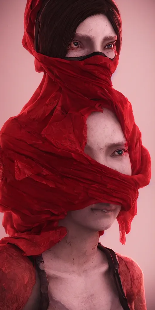 Prompt: woman with cloth covering her face, highly detailed, modern, digital art, red color, unreal engine, photorealism, cinematic lighting, 8k photorealistic, dramatic, trending on artstation