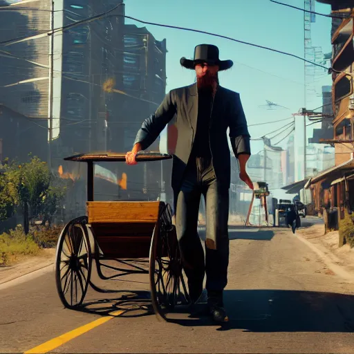 Image similar to Amish man driving his buggy. Cyberpunk 2077. CP2077. 3840 x 2160