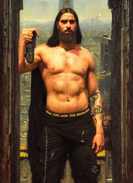 Image similar to big mike. cyberpunk meathead wearing fitness gear. (Cyberpunk 2077, bladerunner 2049). Iranian orientalist portrait by john william waterhouse and Edwin Longsden Long and Theodore Ralli and Nasreddine Dinet, oil on canvas. Cinematic, hyper realism, realistic proportions, dramatic lighting, high detail 4k