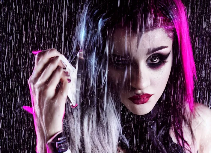 Image similar to closeup portrait of emo vampire goth ariana grande standing in the rain in a dark cyberpunk city, heavy make - up running down face, neon reflections in the puddles, portra 4 0 0 candid photograph portrait by annie leibovitz, 3 5 mm macro shot, f / 3 2, hyperrealistic, cinematic lighting, hd wallpaper, 8 k, 4 k
