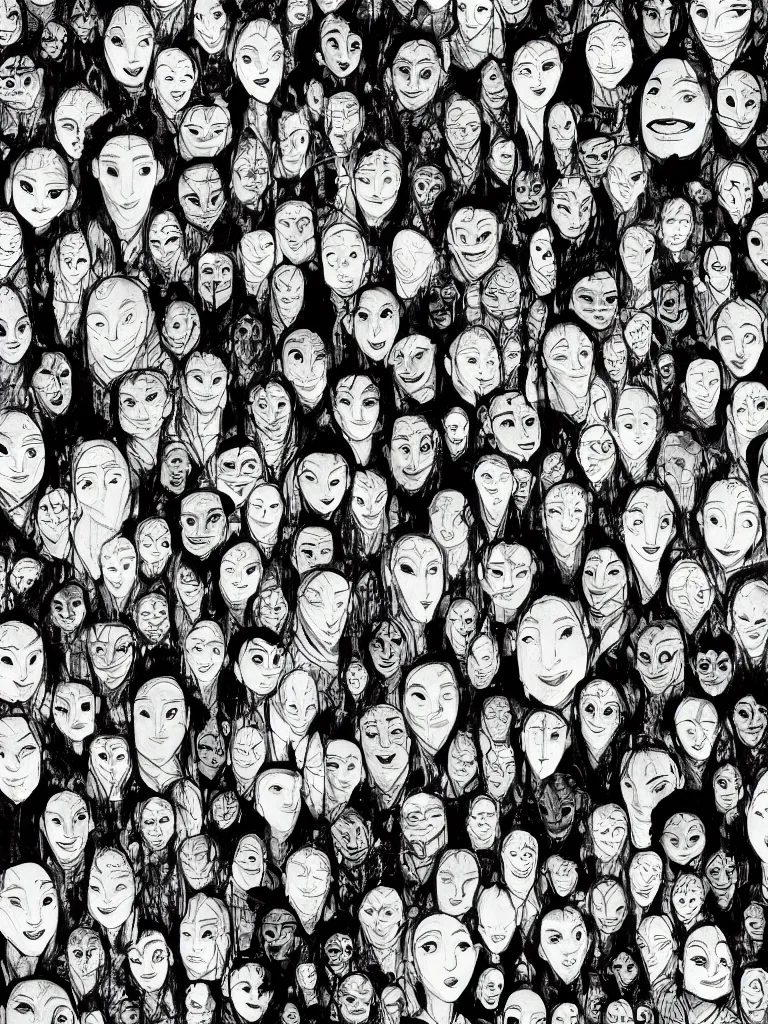 Image similar to black and white sketch of thousand faces packed together by disney concept artists, blunt borders, rule of thirds