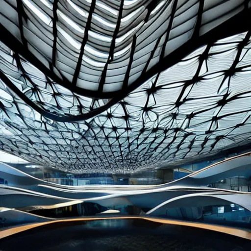 Image similar to stunning beautiful futuristic museum interior by Coop Himmelblau, Zaha Hadid, dragonfly wings pattern