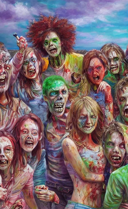 Prompt: beautiful detailed photorealistic painting of a group of friends dressed as zombies on a beach having fun. the friends are happy and having fun. vibrant, high quality, vibrant colors, very funny, beautiful, hq. hd. 4 k. award winning. trending on artstation