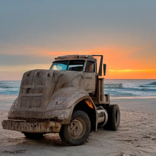 Prompt: a dump truck chilling on the beach, sunset
