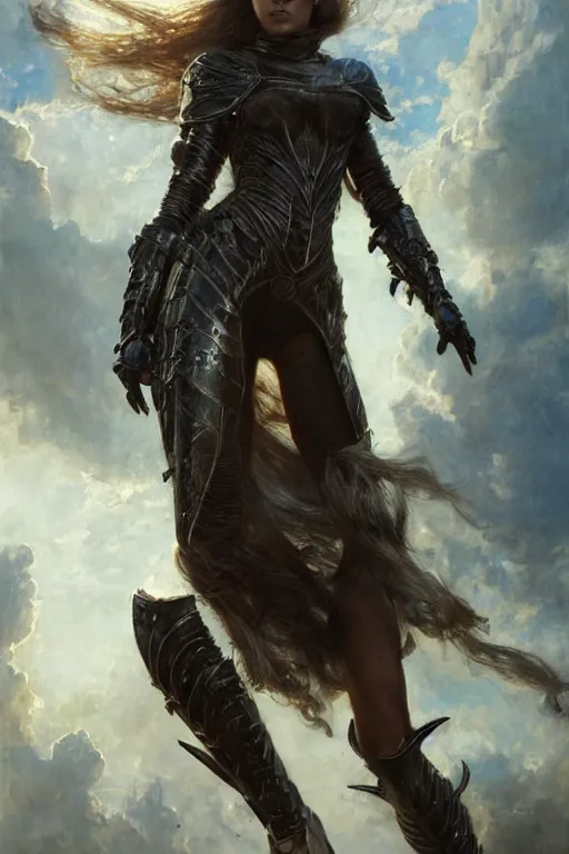 Image similar to dangerously agile jessica alba wearing black medieval armour, bare legs, detailed, by gaston bussiere, bayard wu, greg rutkowski, giger, maxim verehin, greg rutkowski, masterpiece, sharp focus, cinematic lightning