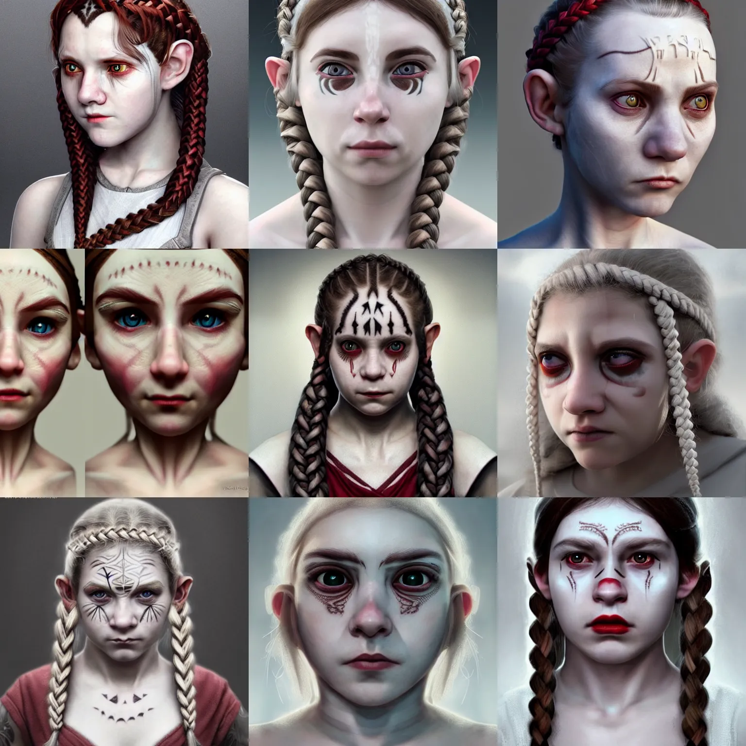 Prompt: realistic portrait of a young female halfling with white!! hair and a grey monks habit, strange geometric facial tattoos!!!!!!!!!, pale - white skin, red iris, long braided hair, haunted expression, artstation, cinematic lighting, hyper - detailed 8 k