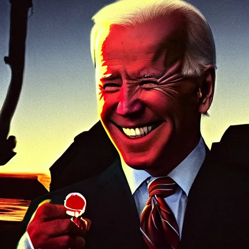 Image similar to joe biden smiling with blood in his face while behind him the world is burning, dramatic lighting, cinematic, establishing shot, extremly high detail, photorealistic, cinematic lighting, artstation, style by James Gurney