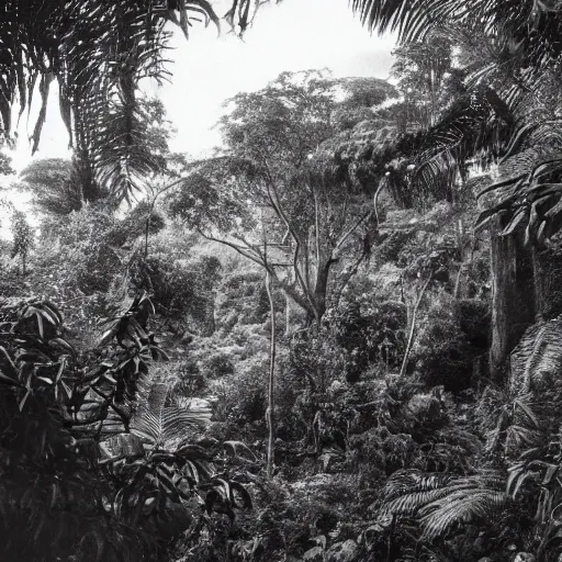 Prompt: black and white photo of a jungle with monkeys