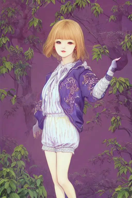 Image similar to Portrait of Eunha from Viviz and gFriend with short hair wearin purple overall shorts, short puffy pants, white tights, Golden Ribbon, and a billowy scarf. masterpiece 4k digital illustration, award winning, Artstation, intricate details, realistic, panoramic view, Hyperdetailed, 8k resolution, intricate art nouveau